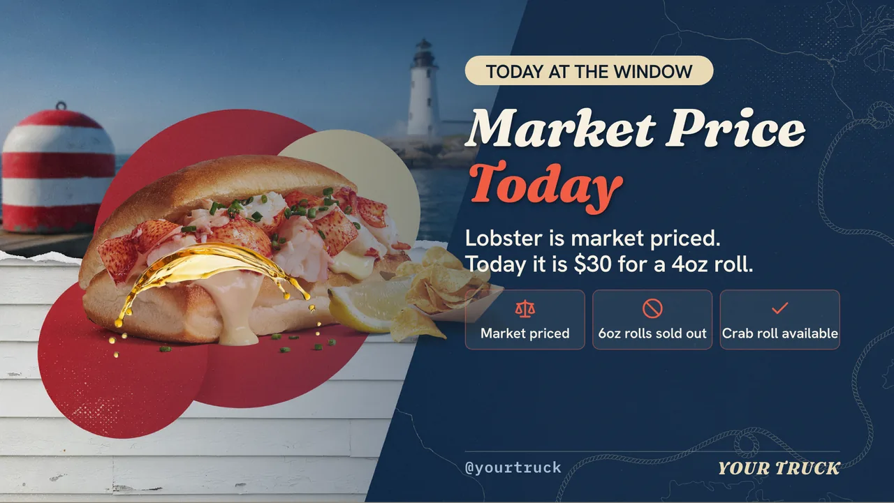 Lobster roll truck menu board · Landscape for a lobster roll truck: slide 3 of 4, the deadline or today's update