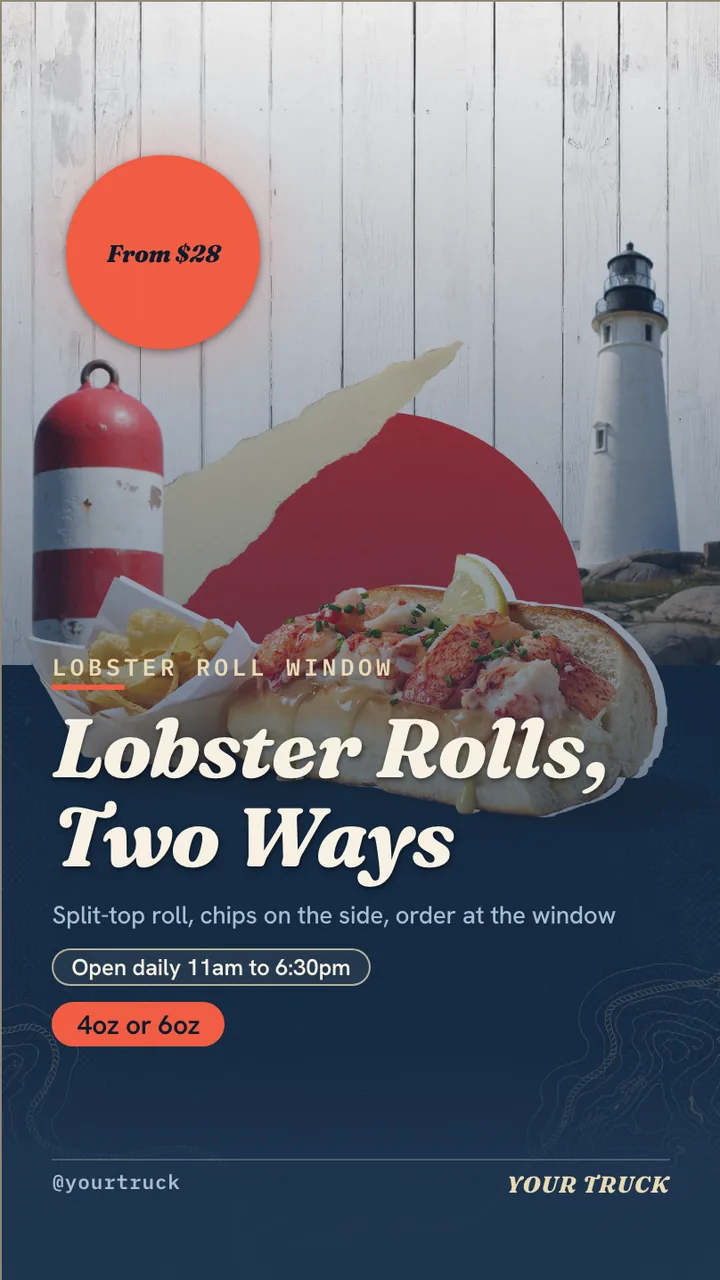 Lobster roll truck menu board · Portrait for a lobster roll truck: slide 1 of 4, the headline and what the business offers