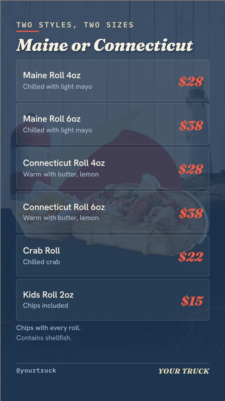 Lobster roll truck menu board · Portrait for a lobster roll truck: slide 2 of 4, the menu with prices