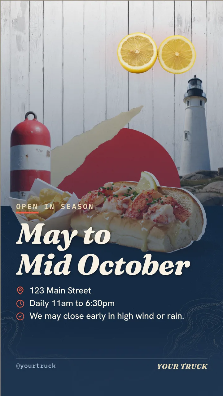 Lobster roll truck menu board · Portrait for a lobster roll truck: slide 4 of 4, the address, hours and how to book or order