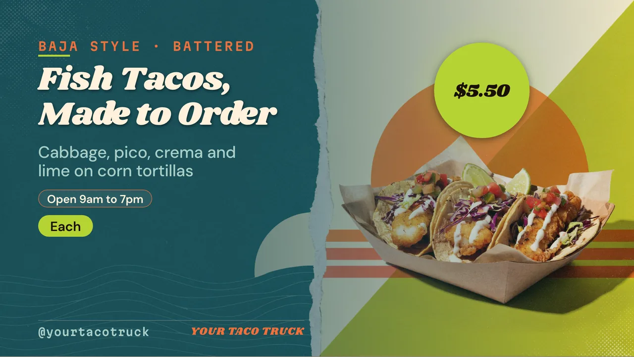 Fish taco truck menu board · Landscape for a fish taco truck: slide 1 of 4, the headline and what the business offers