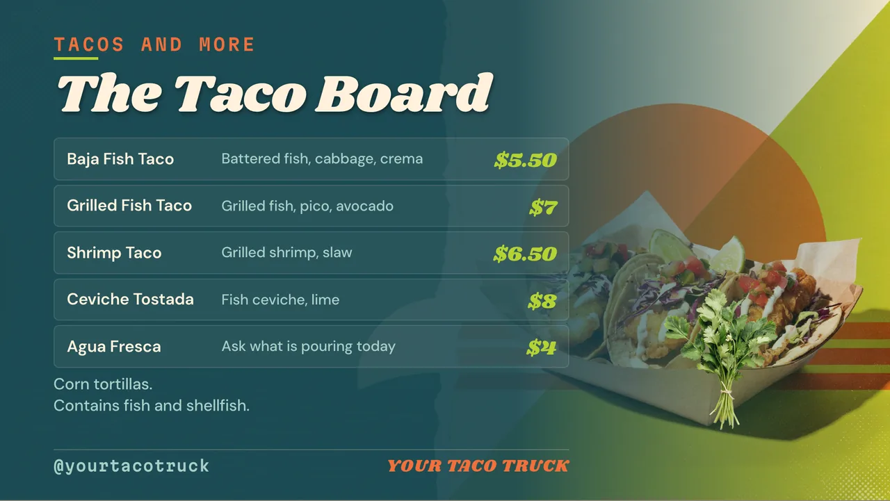 Fish taco truck menu board · Landscape for a fish taco truck: slide 2 of 4, the menu with prices