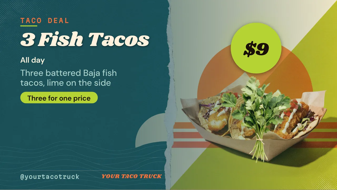 Fish taco truck menu board · Landscape for a fish taco truck: slide 3 of 4, the offer with its price and terms