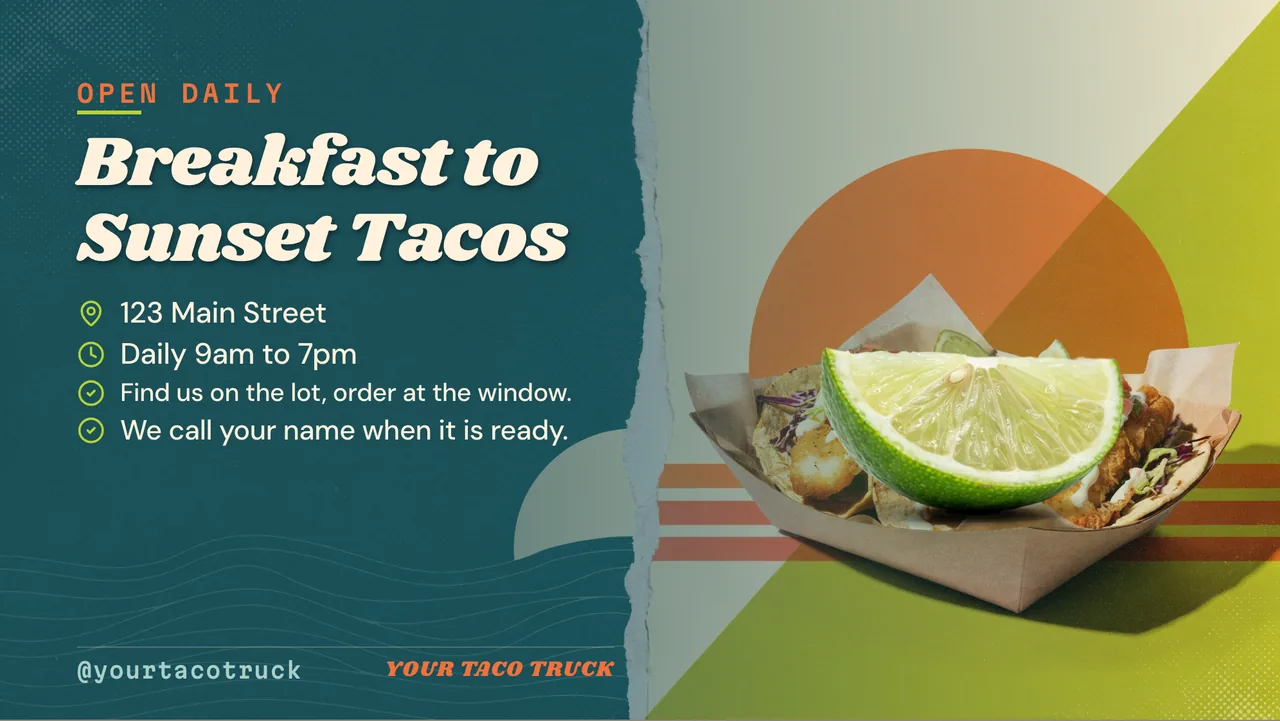 Fish taco truck menu board · Landscape for a fish taco truck: slide 4 of 4, the address, hours and how to book or order