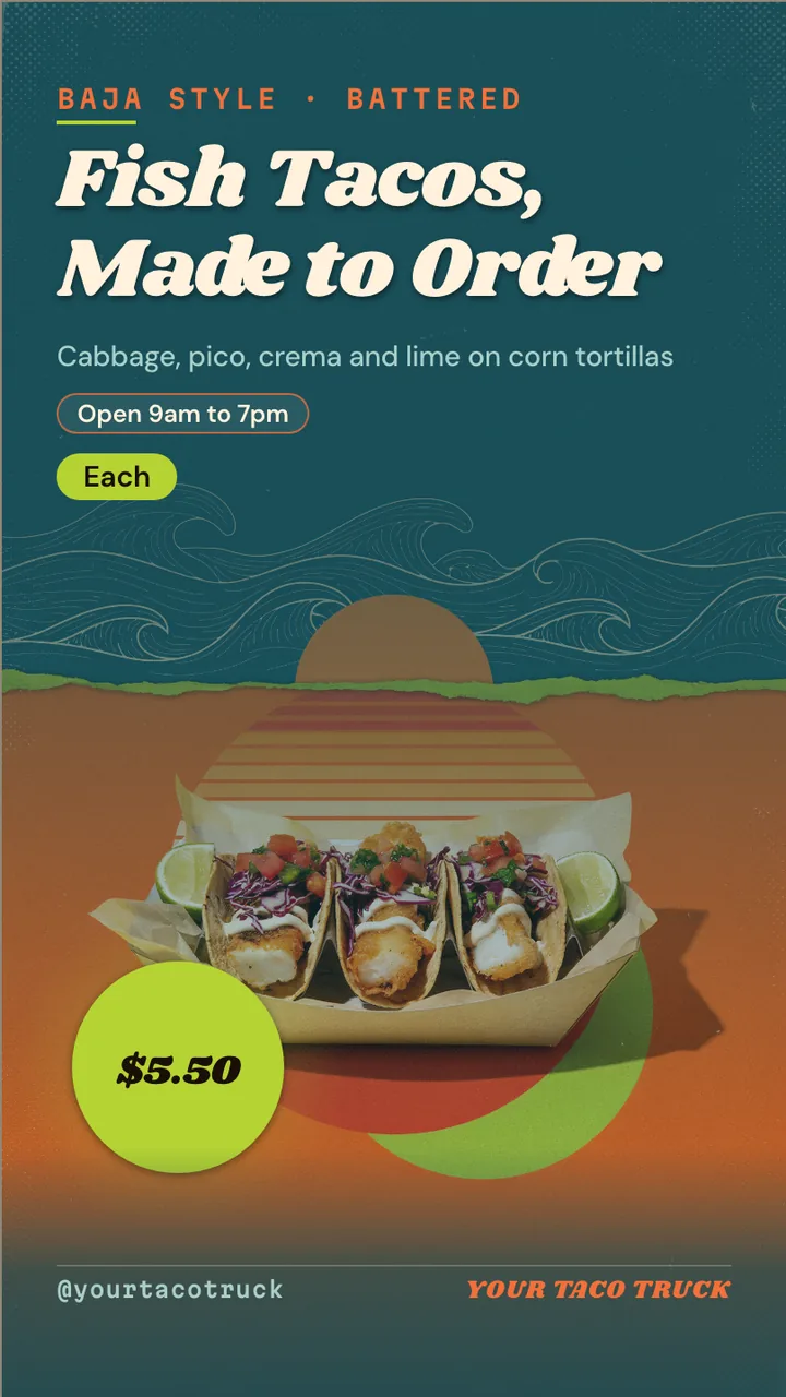 Fish taco truck menu board · Portrait digital signage template preview
