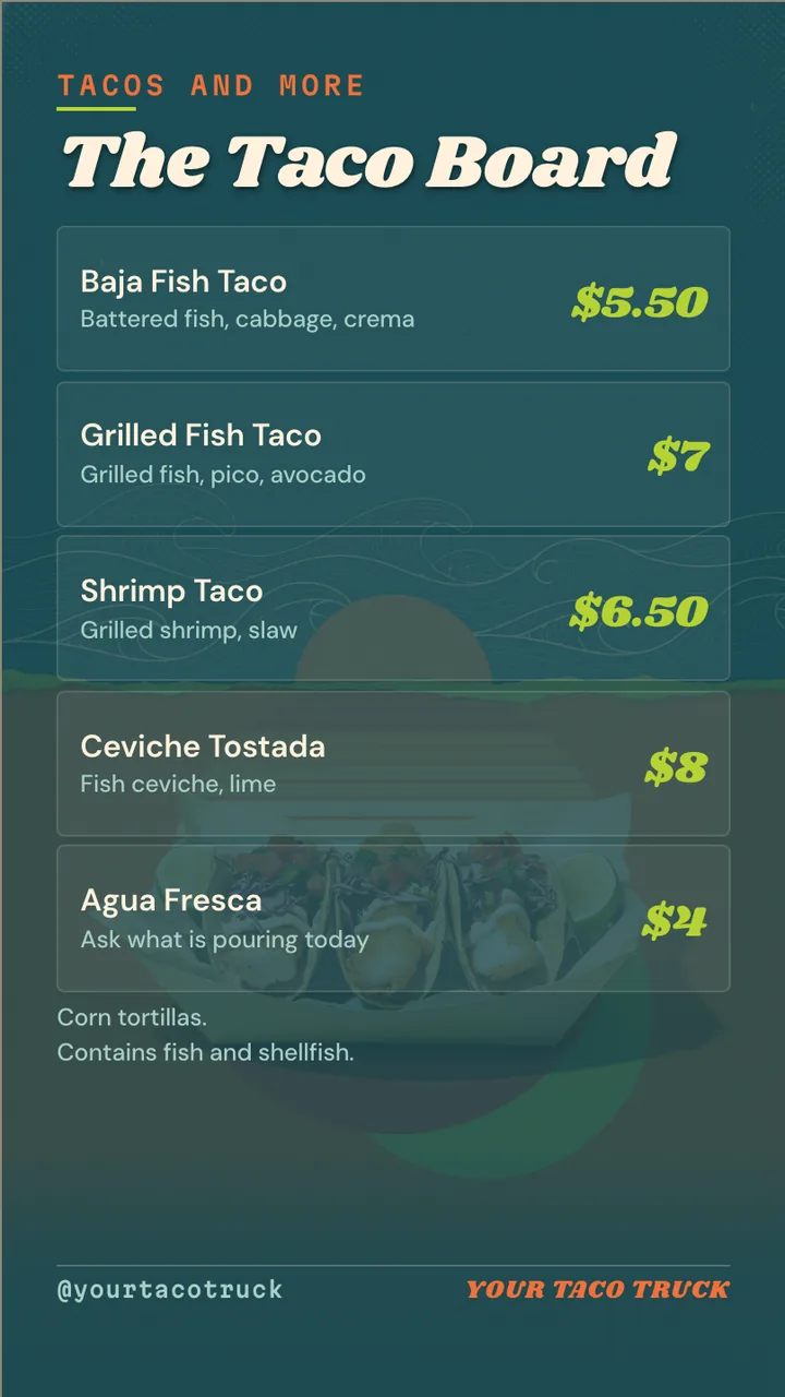 Fish taco truck menu board · Portrait for a fish taco truck: slide 2 of 4, the menu with prices