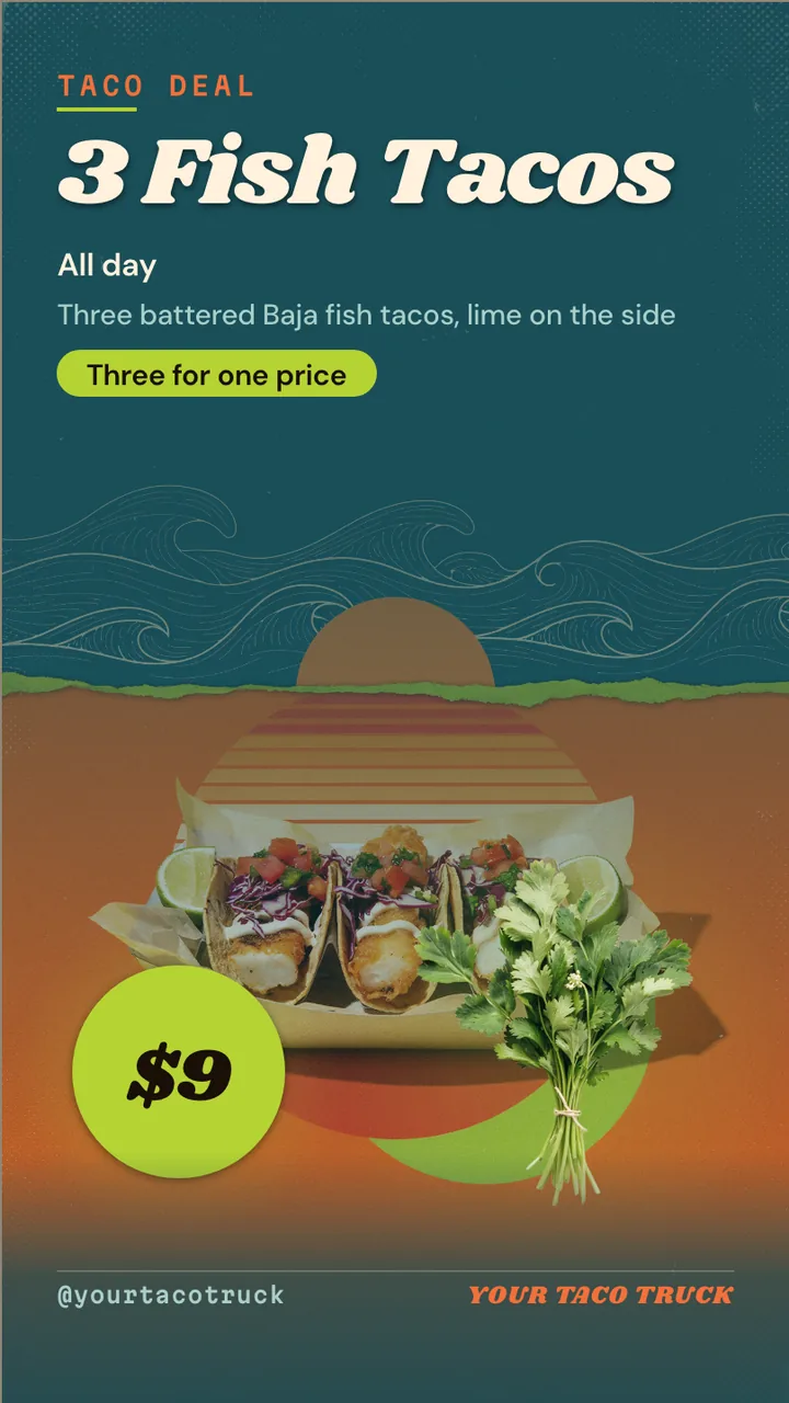 Fish taco truck menu board · Portrait for a fish taco truck: slide 3 of 4, the offer with its price and terms