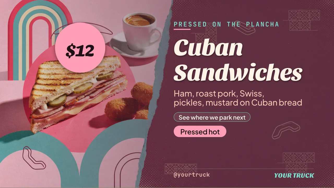 Cuban sandwich food truck schedule board · Landscape digital signage template preview