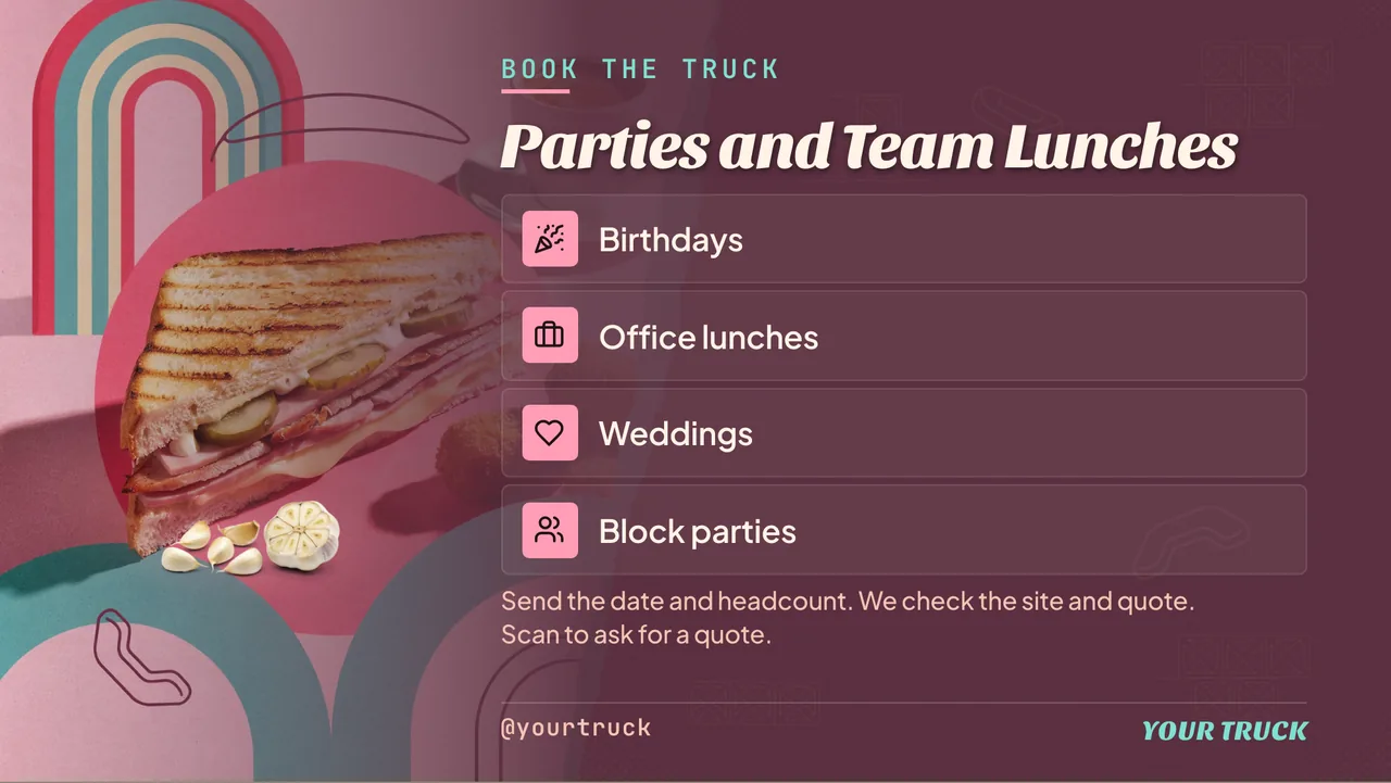 Cuban sandwich food truck schedule board · Landscape for a Cuban sandwich food truck: slide 4 of 4, the list of services and options