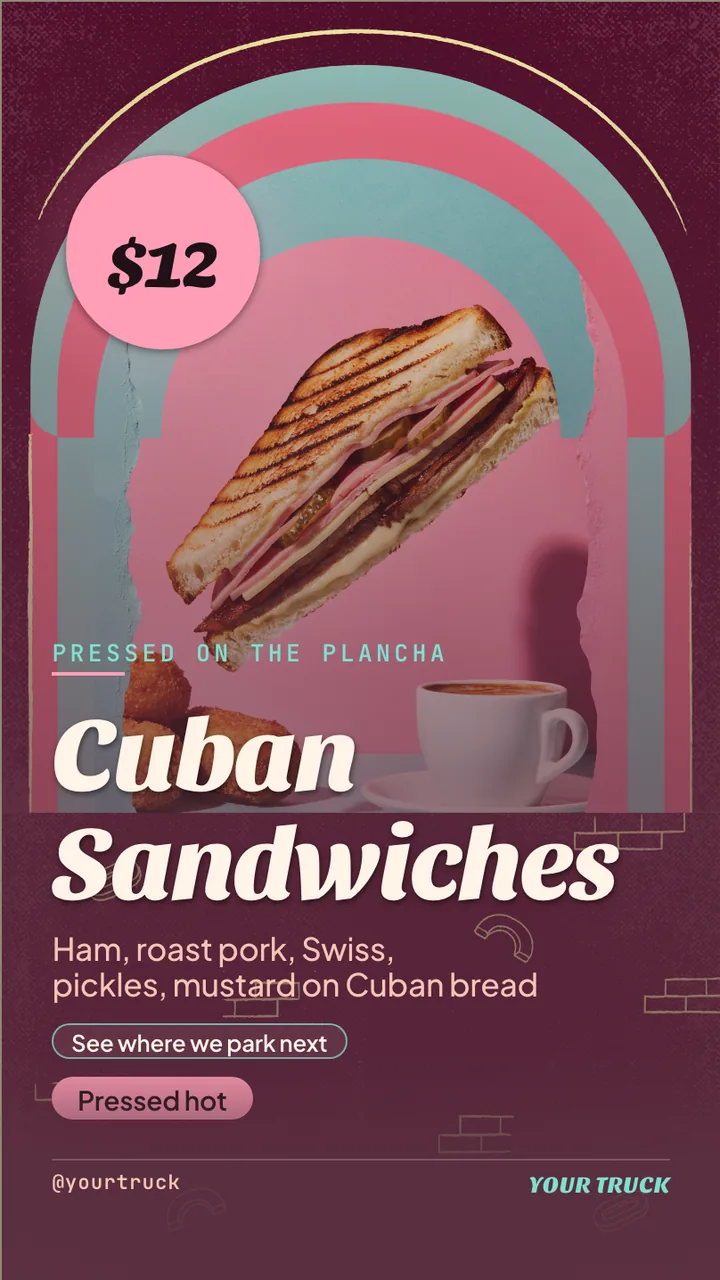 Cuban sandwich food truck schedule board · Portrait digital signage template preview