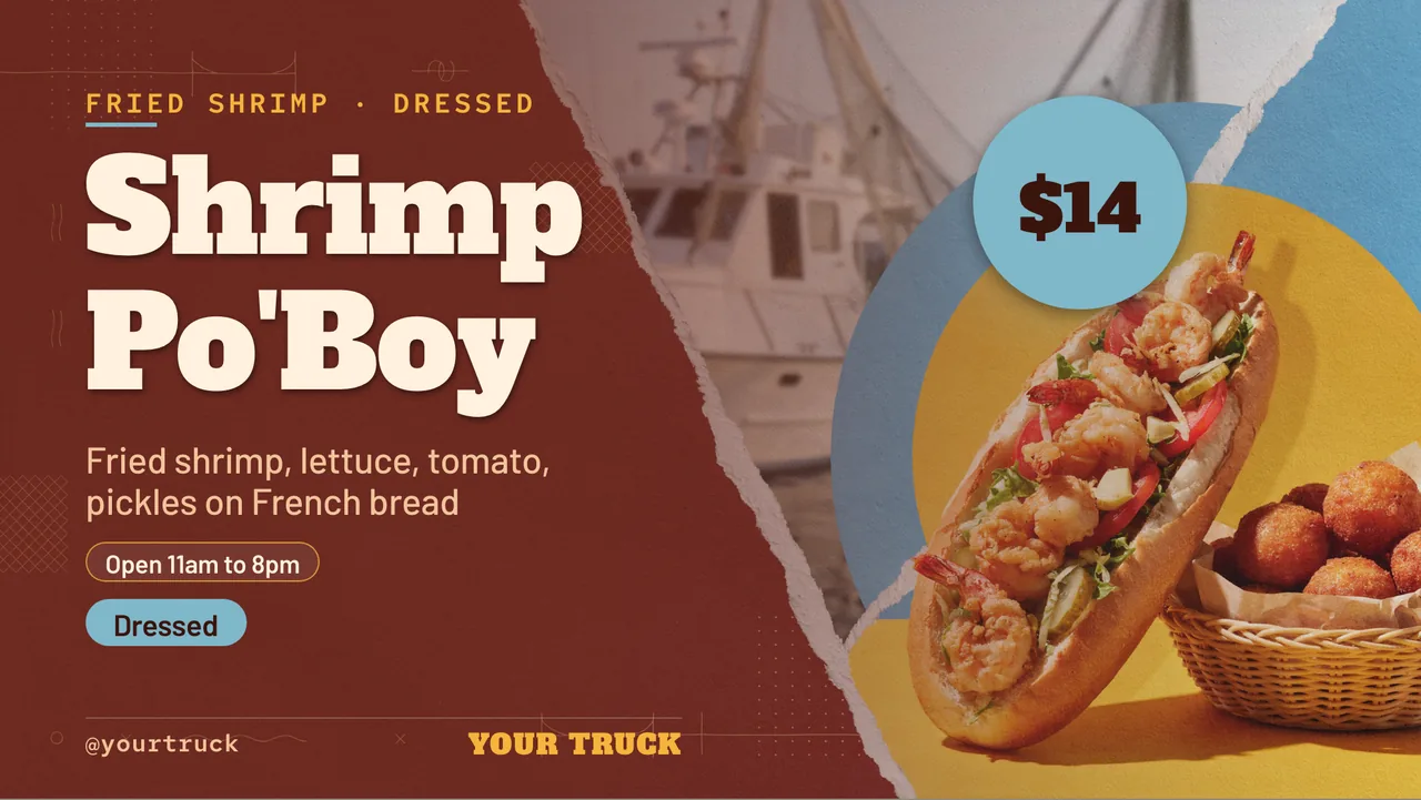 Po' boy food truck TV menu · Landscape digital signage template preview