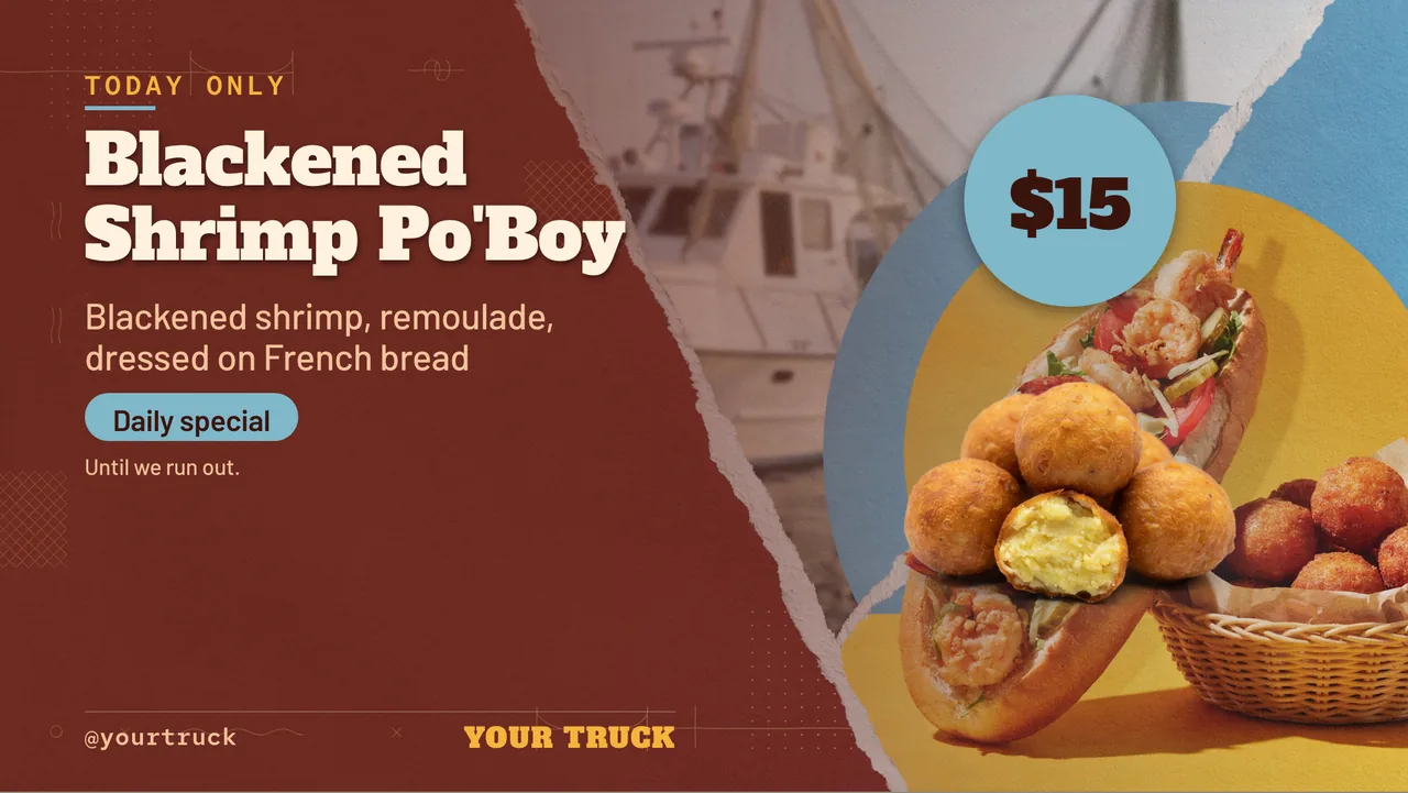 Po' boy food truck TV menu · Landscape for a po' boy food truck: slide 3 of 4, the offer with its price and terms