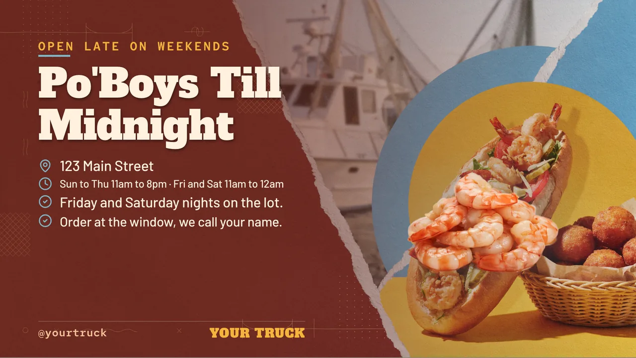 Po' boy food truck TV menu · Landscape for a po' boy food truck: slide 4 of 4, the address, hours and how to book or order