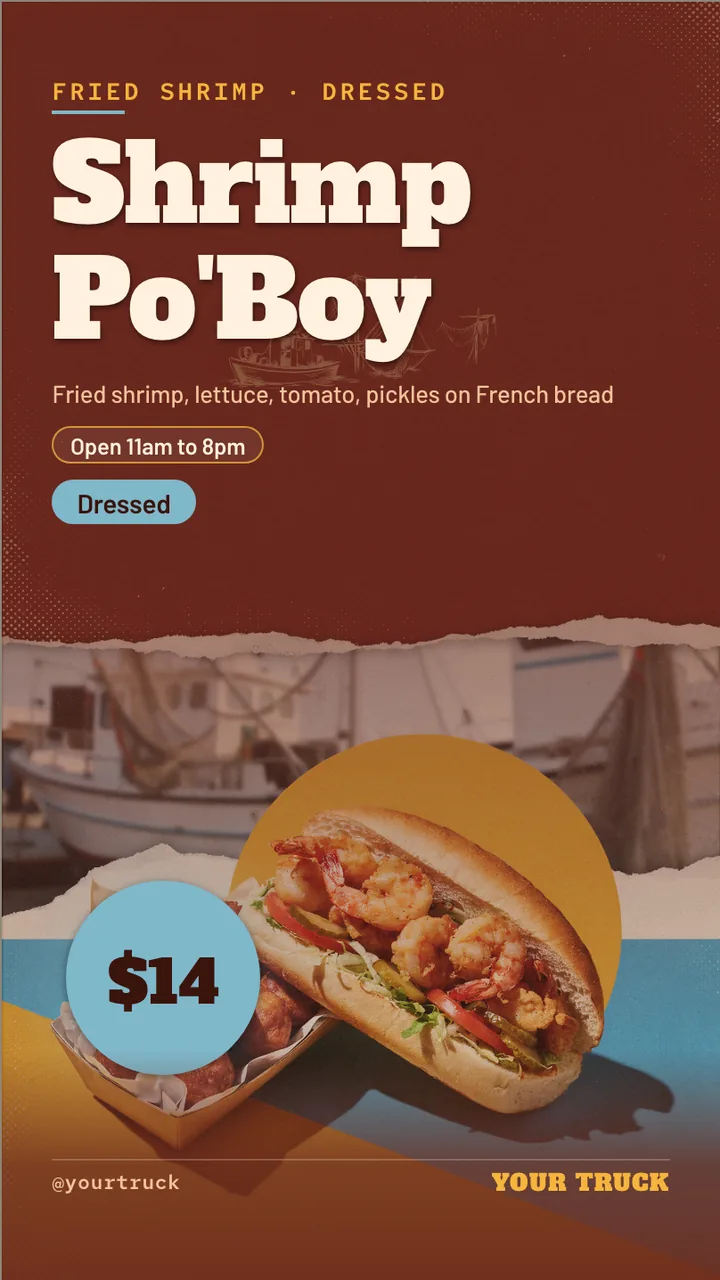 Po' boy food truck TV menu · Portrait digital signage template preview