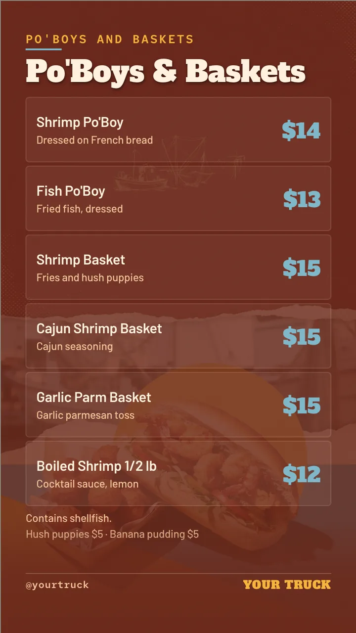 Po' boy food truck TV menu · Portrait for a po' boy food truck: slide 2 of 4, the menu with prices