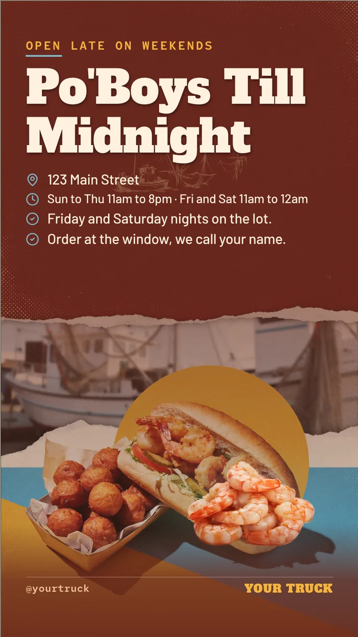 Po' boy food truck TV menu · Portrait for a po' boy food truck: slide 4 of 4, the address, hours and how to book or order