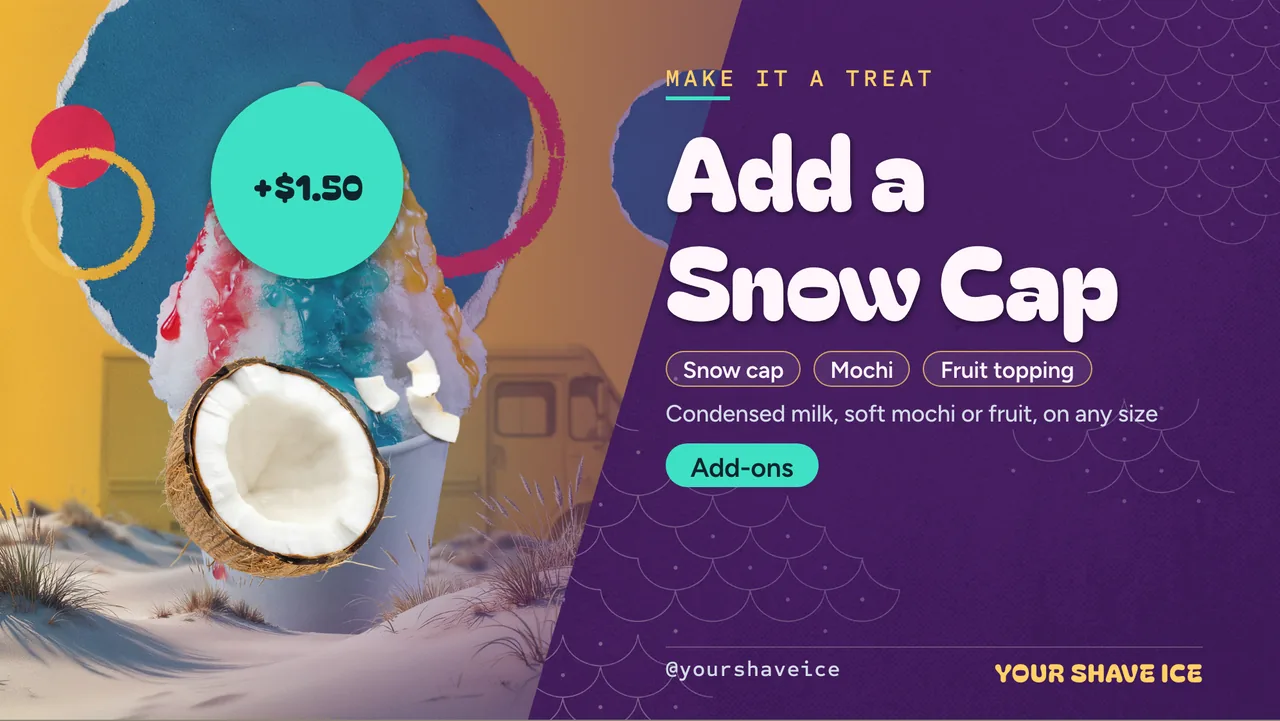 Shaved ice truck digital menu board · Landscape for a shave ice truck: slide 3 of 4, the offer with its price and terms