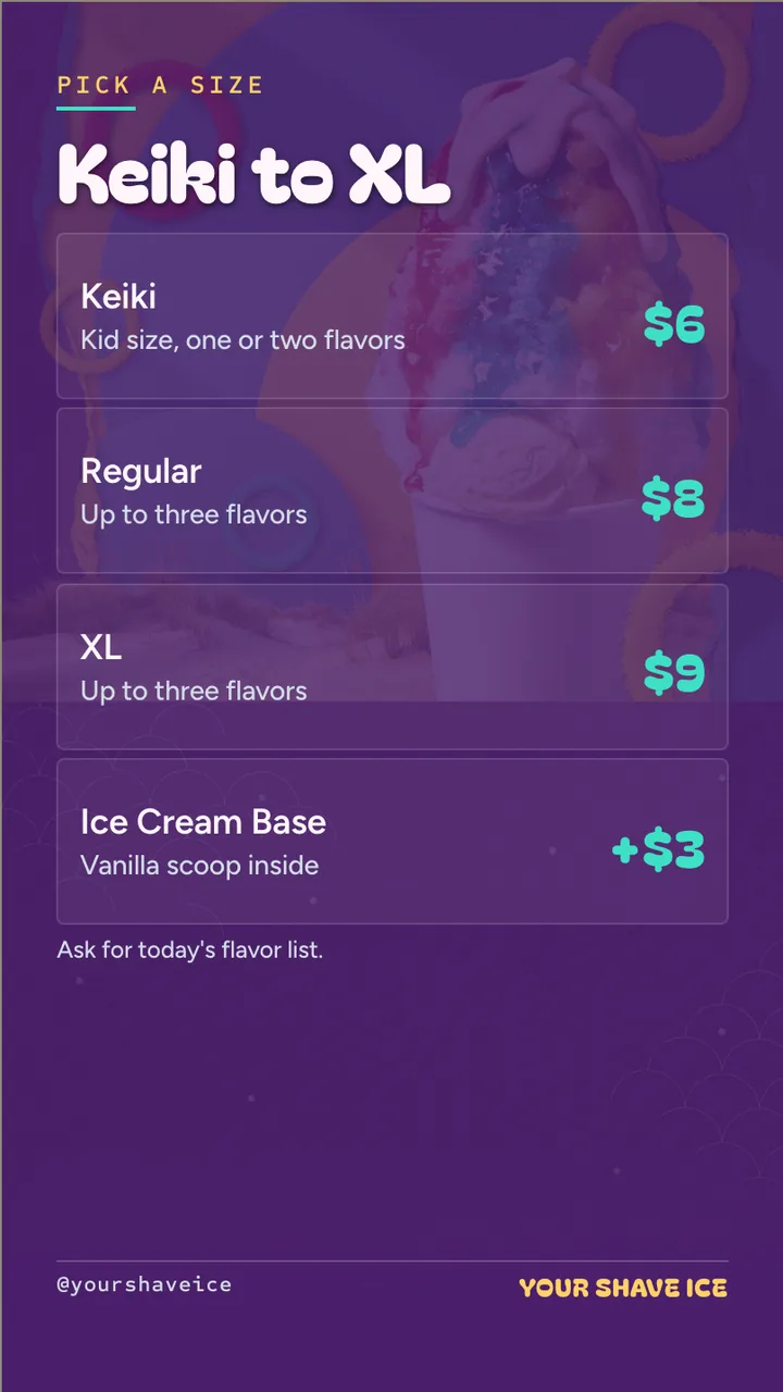 Shaved ice truck digital menu board · Portrait for a shave ice truck: slide 2 of 4, the menu with prices