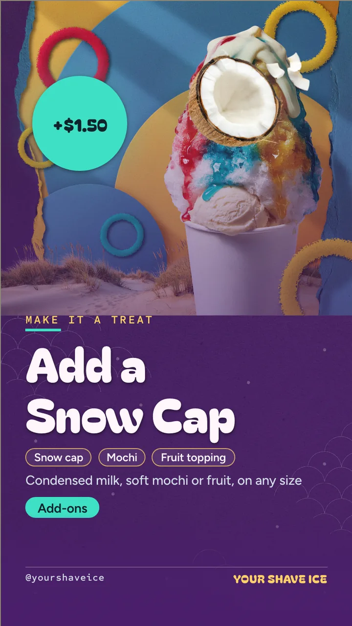 Shaved ice truck digital menu board · Portrait for a shave ice truck: slide 3 of 4, the offer with its price and terms