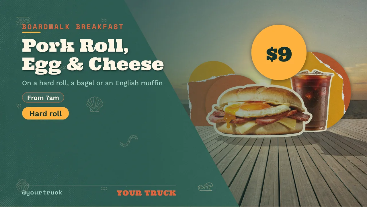 Breakfast sandwich food truck menu · Landscape digital signage template preview