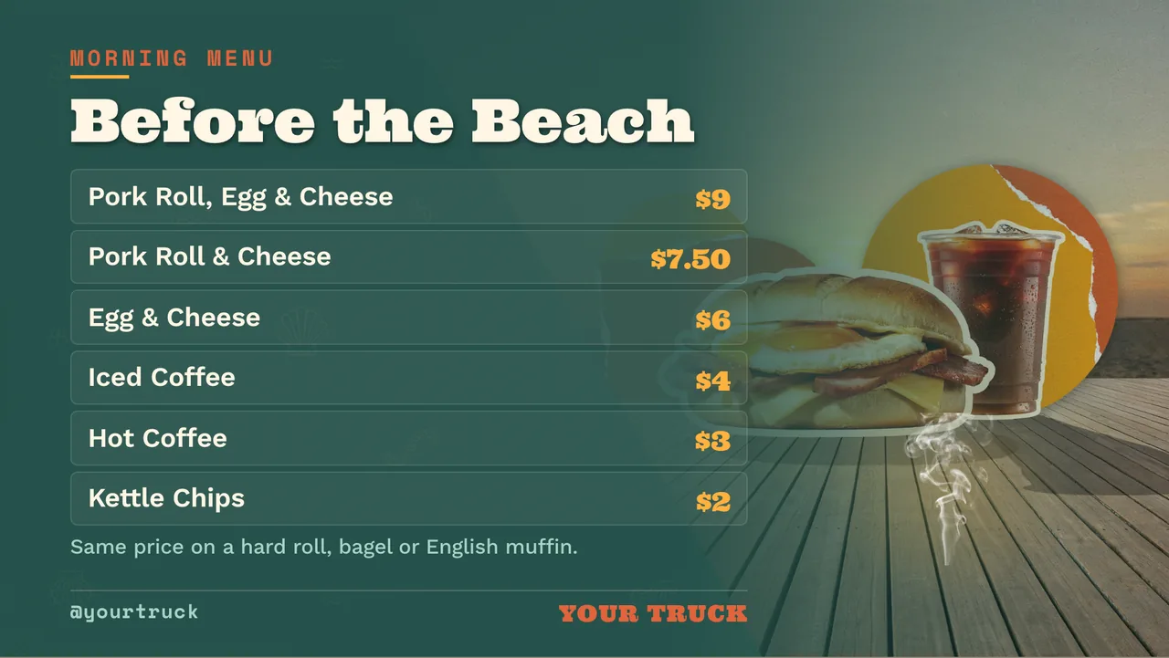Breakfast sandwich food truck menu · Landscape for a breakfast sandwich and coffee truck: slide 2 of 4, the menu with prices
