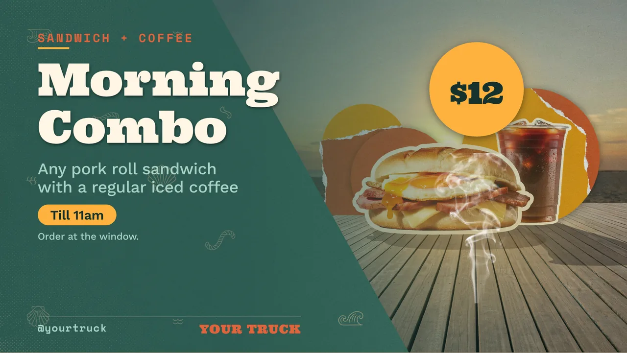Breakfast sandwich food truck menu · Landscape for a breakfast sandwich and coffee truck: slide 3 of 4, the offer with its price and terms