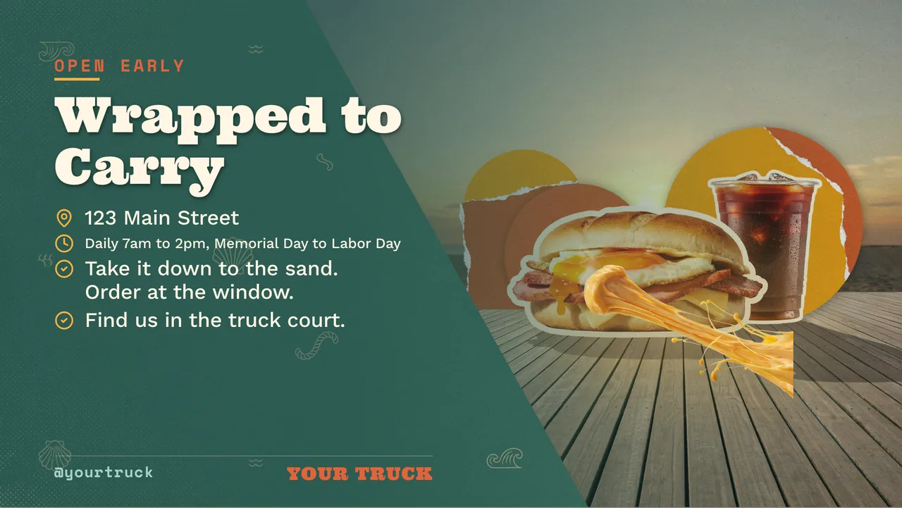 Breakfast sandwich food truck menu · Landscape for a breakfast sandwich and coffee truck: slide 4 of 4, the address, hours and how to book or order