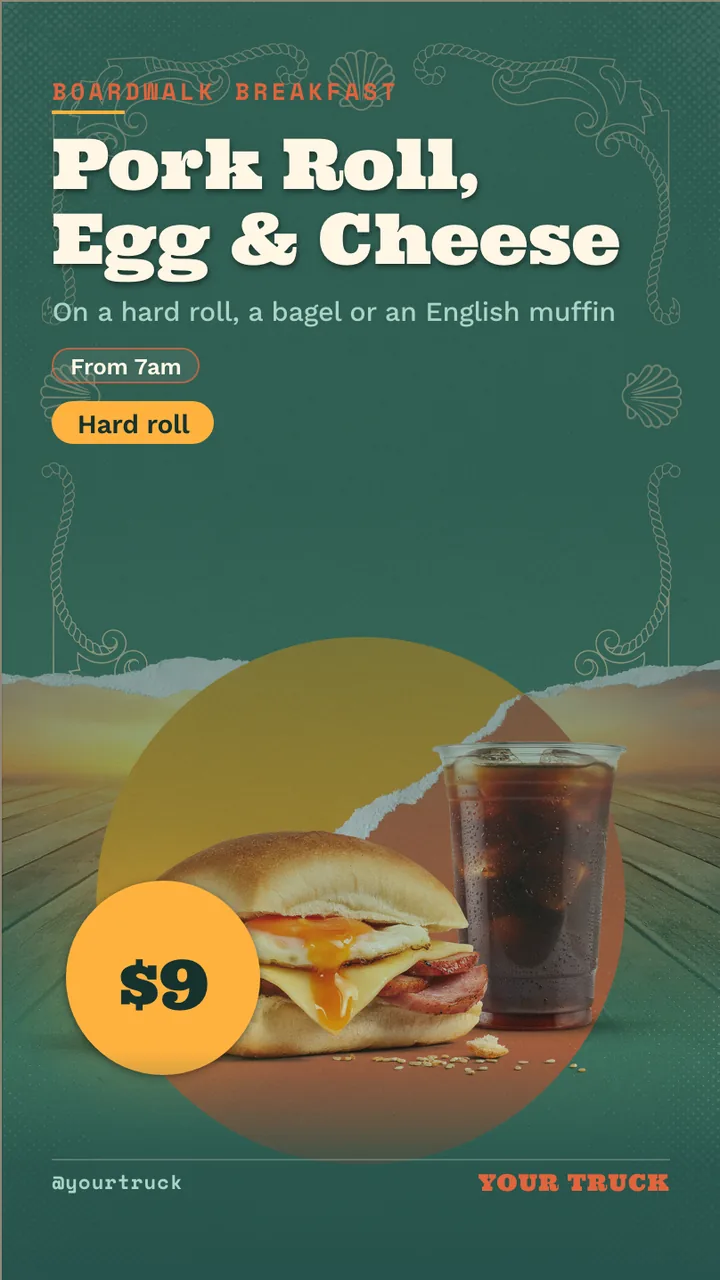 Breakfast sandwich food truck menu · Portrait digital signage template preview