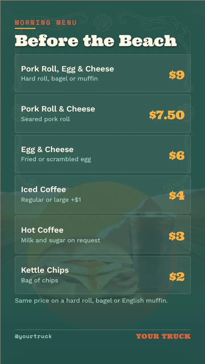 Breakfast sandwich food truck menu · Portrait for a breakfast sandwich and coffee truck: slide 2 of 4, the menu with prices