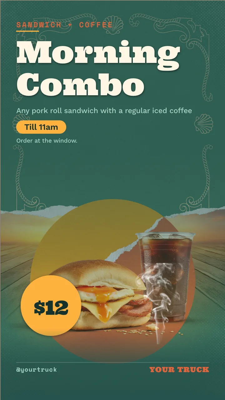 Breakfast sandwich food truck menu · Portrait for a breakfast sandwich and coffee truck: slide 3 of 4, the offer with its price and terms