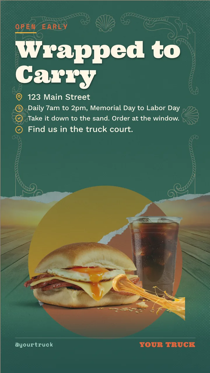 Breakfast sandwich food truck menu · Portrait for a breakfast sandwich and coffee truck: slide 4 of 4, the address, hours and how to book or order