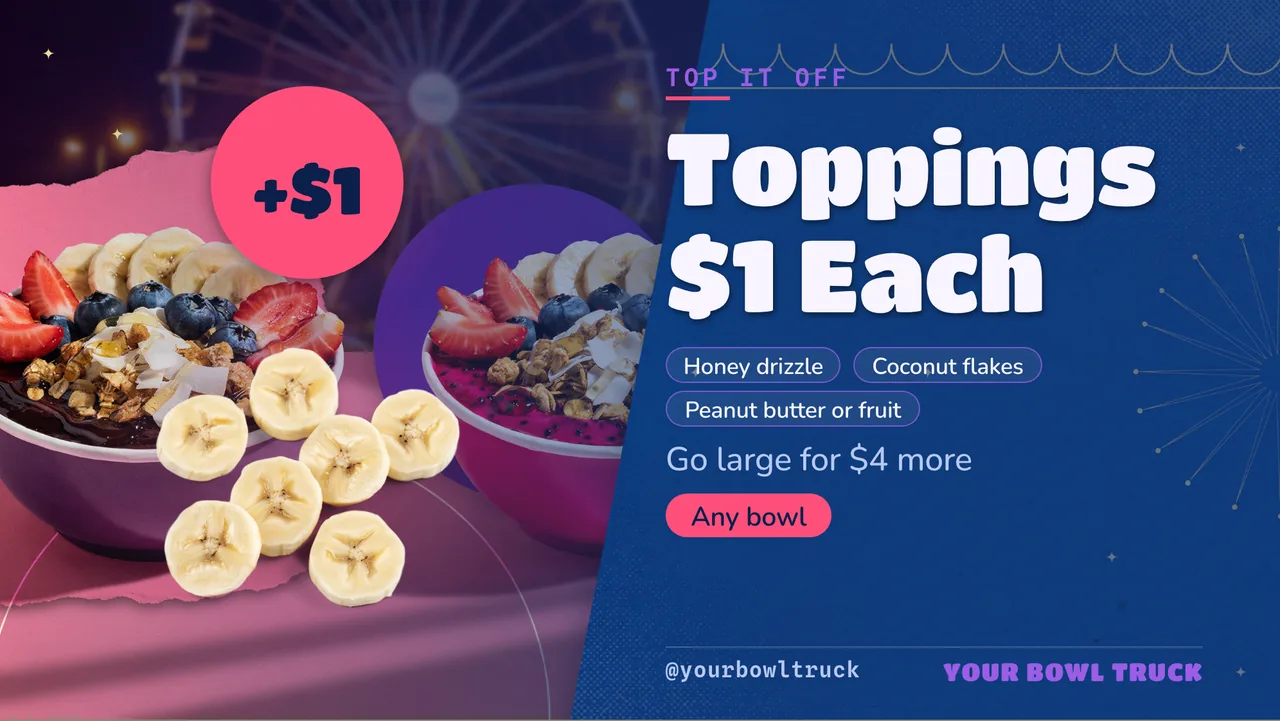 Acai bowl truck menu board · Landscape for an acai bowl truck: slide 3 of 4, the offer with its price and terms