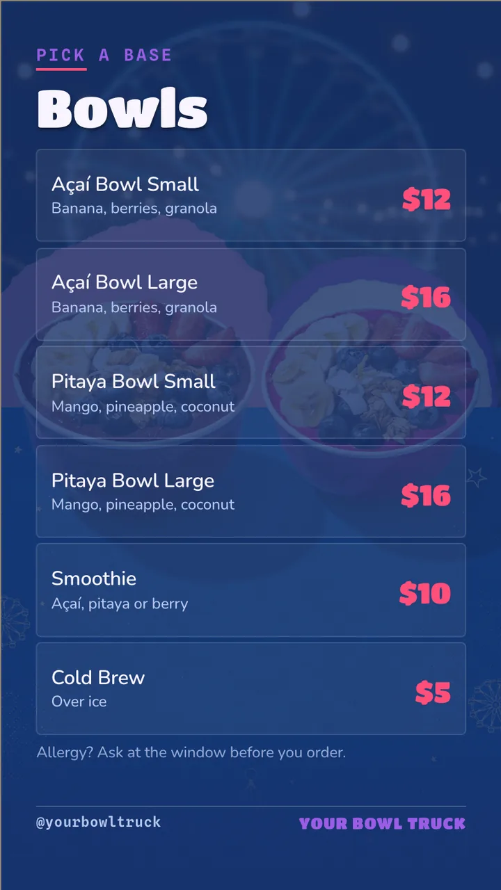 Acai bowl truck menu board · Portrait for an acai bowl truck: slide 2 of 4, the menu with prices