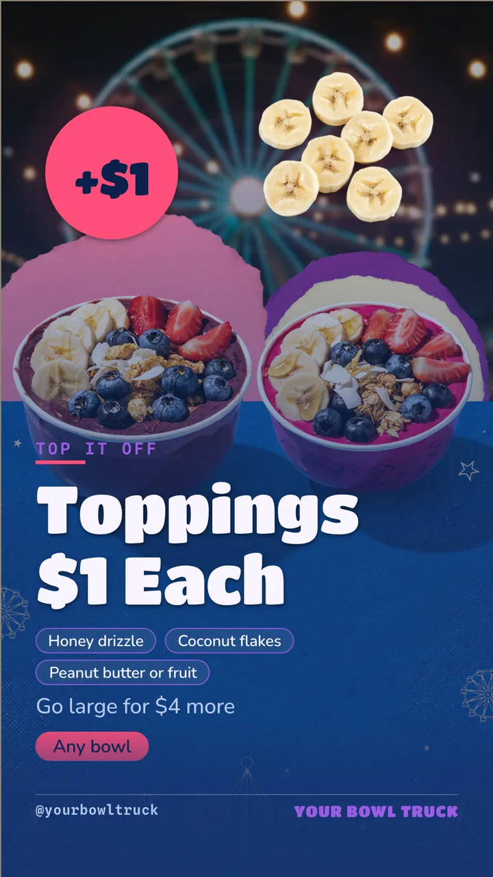 Acai bowl truck menu board · Portrait for an acai bowl truck: slide 3 of 4, the offer with its price and terms