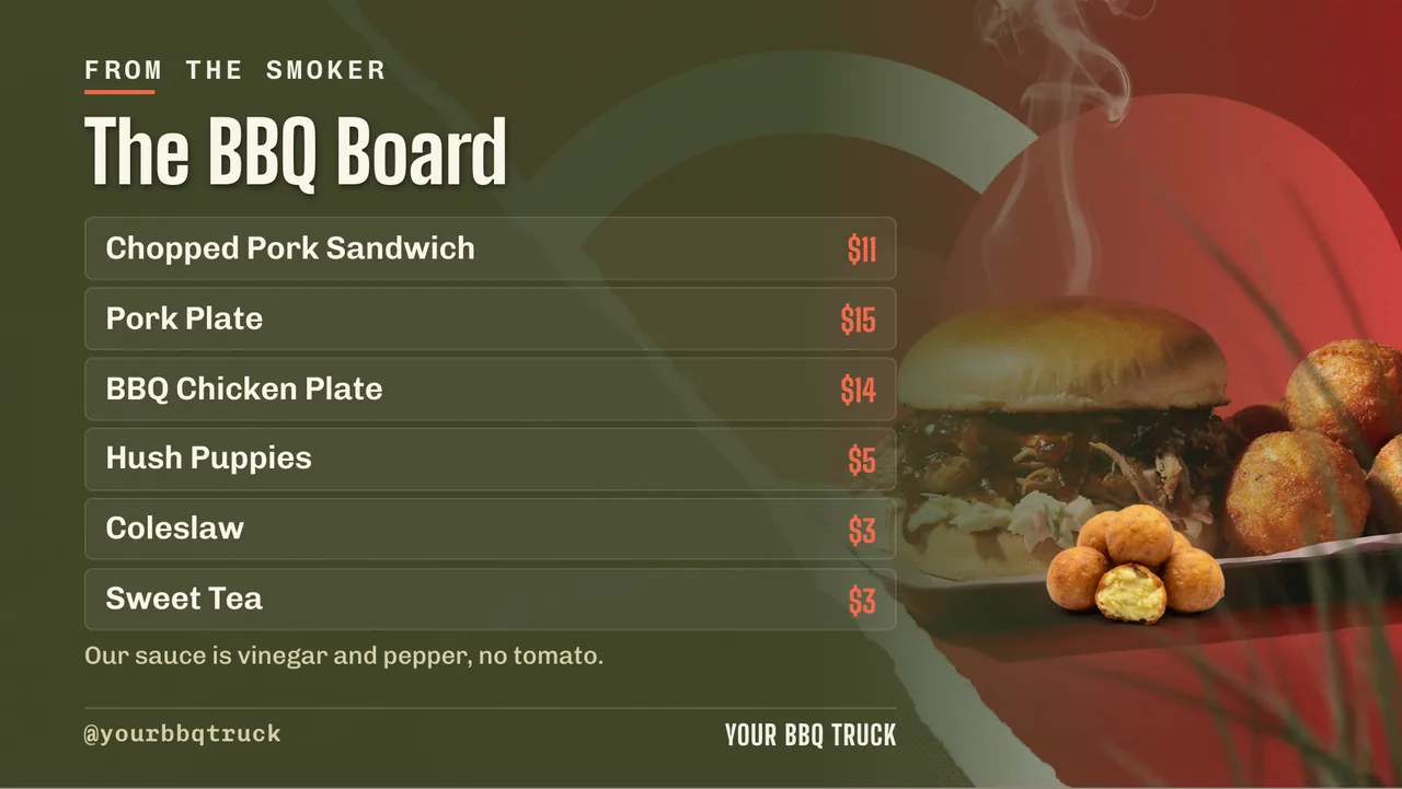 BBQ food truck menu and event board · Landscape for a BBQ food truck: slide 2 of 4, the menu with prices