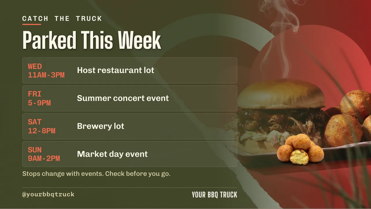 BBQ food truck menu and event board · Landscape for a BBQ food truck: slide 3 of 4, the schedule with times