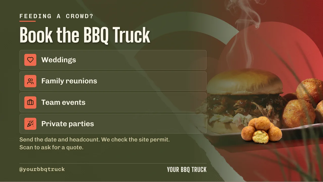BBQ food truck menu and event board · Landscape for a BBQ food truck: slide 4 of 4, the list of services and options