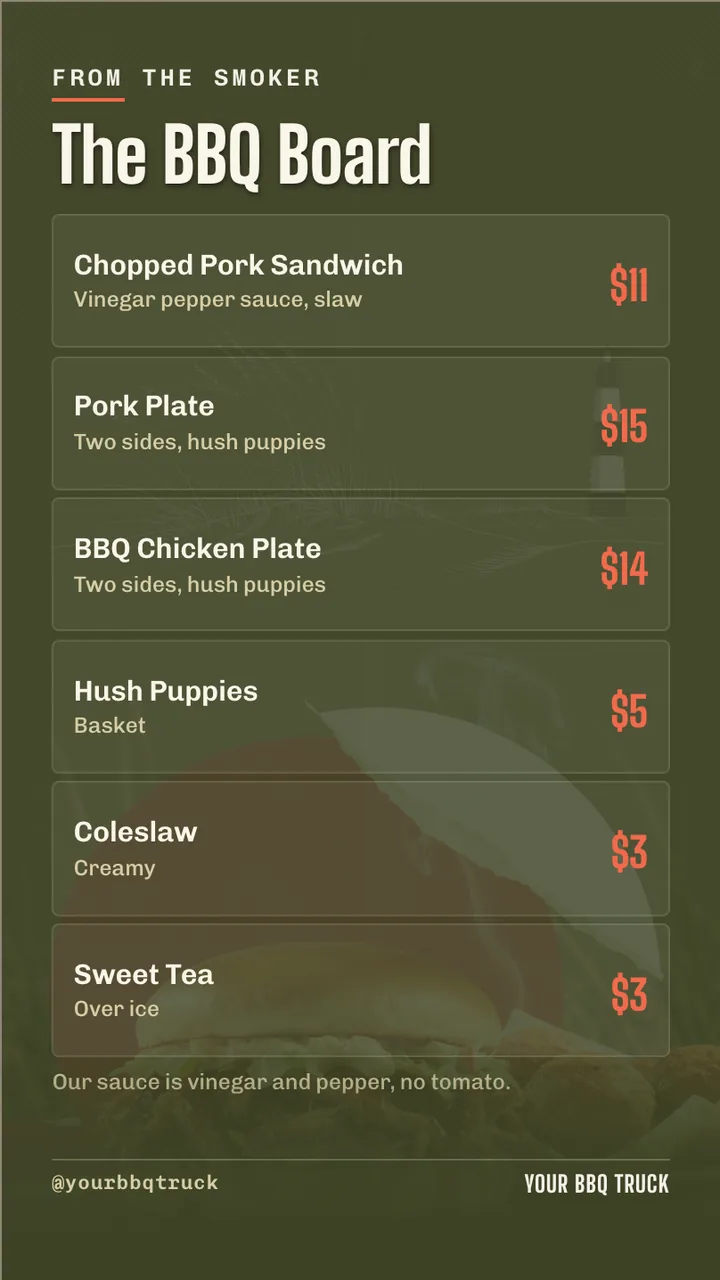 BBQ food truck menu and event board · Portrait for a BBQ food truck: slide 2 of 4, the menu with prices