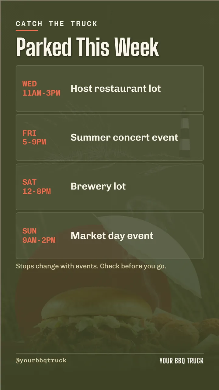 BBQ food truck menu and event board · Portrait for a BBQ food truck: slide 3 of 4, the schedule with times