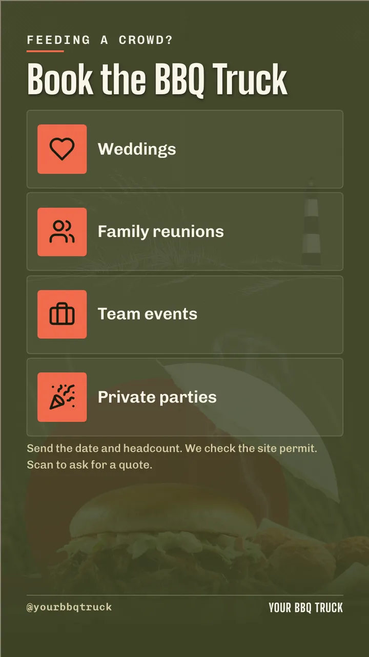 BBQ food truck menu and event board · Portrait for a BBQ food truck: slide 4 of 4, the list of services and options