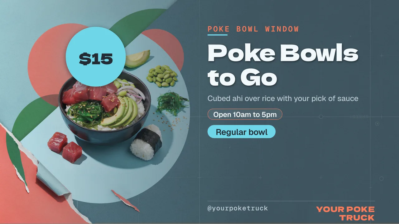 Poke bowl food truck TV menu · Landscape for a poke bowl truck: slide 1 of 4, the headline and what the business offers