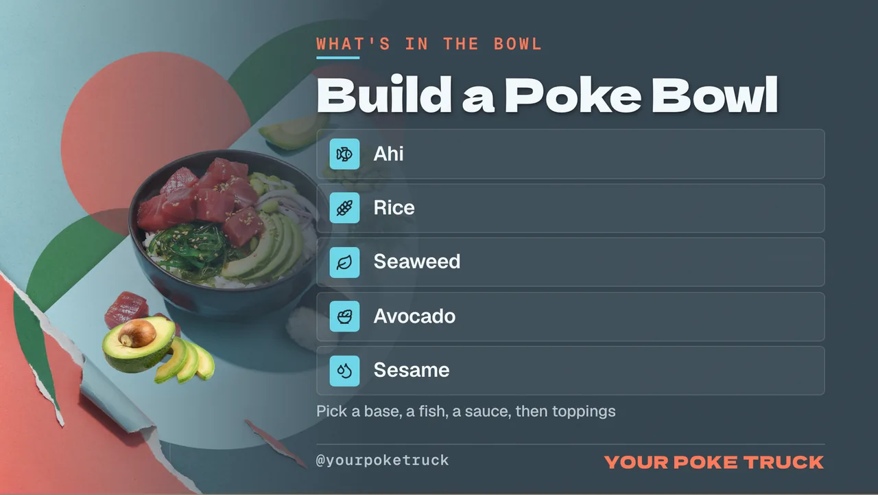 Poke bowl food truck TV menu · Landscape for a poke bowl truck: slide 2 of 4, the list of services and options