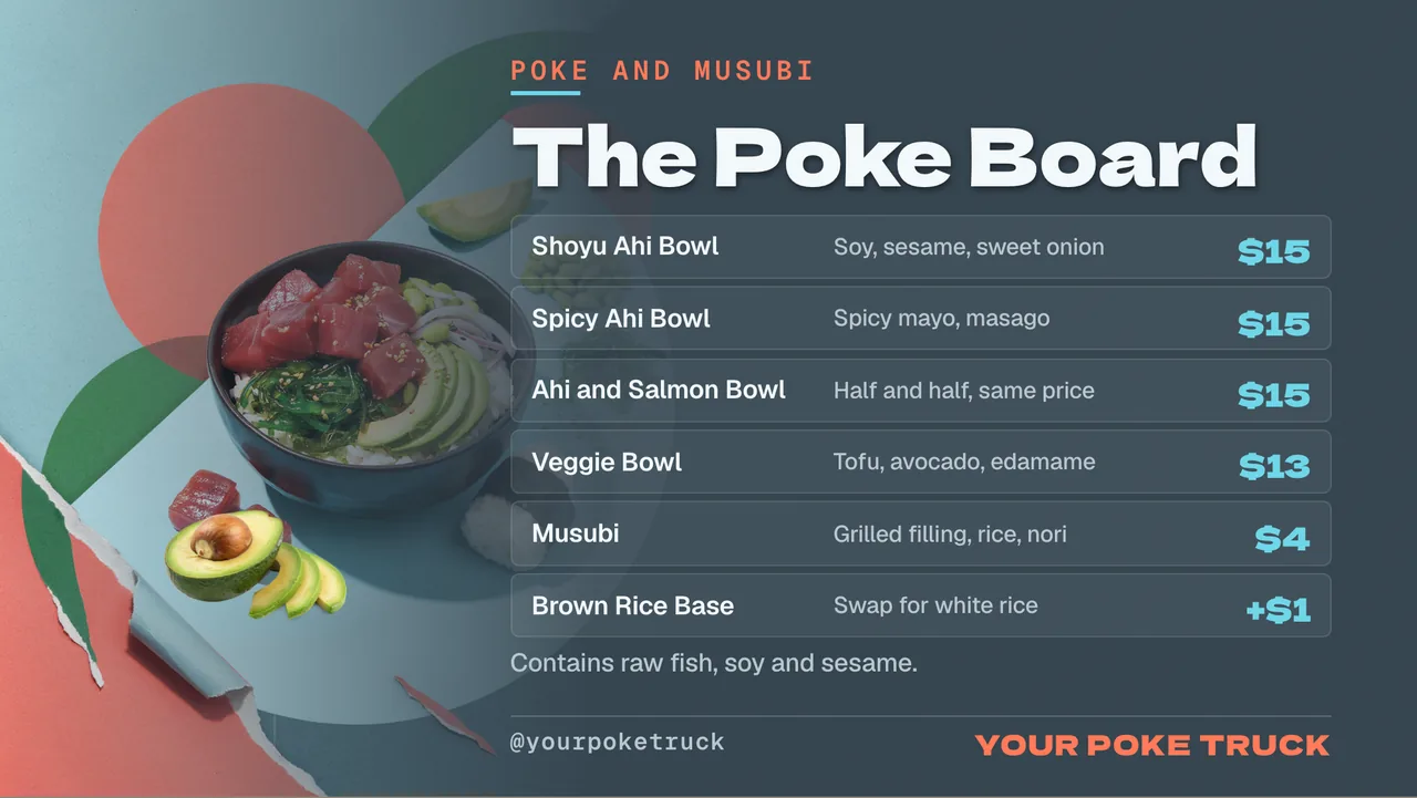 Poke bowl food truck TV menu · Landscape for a poke bowl truck: slide 3 of 4, the menu with prices