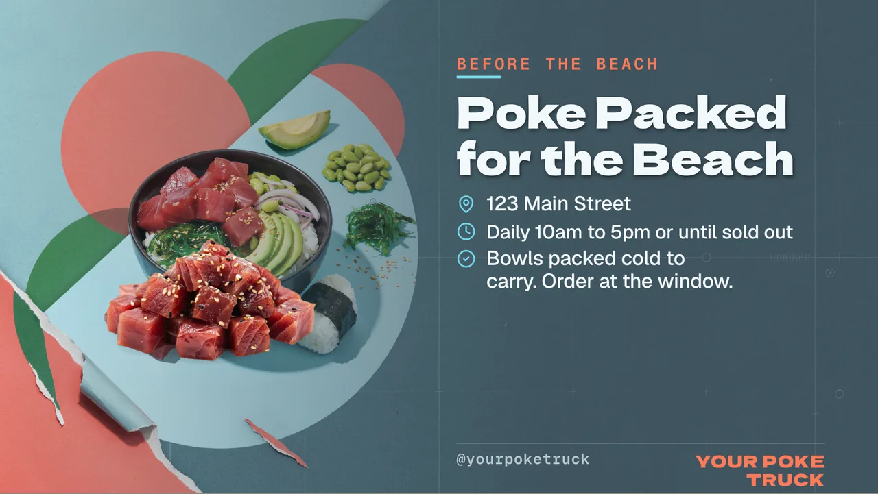 Poke bowl food truck TV menu · Landscape for a poke bowl truck: slide 4 of 4, the address, hours and how to book or order