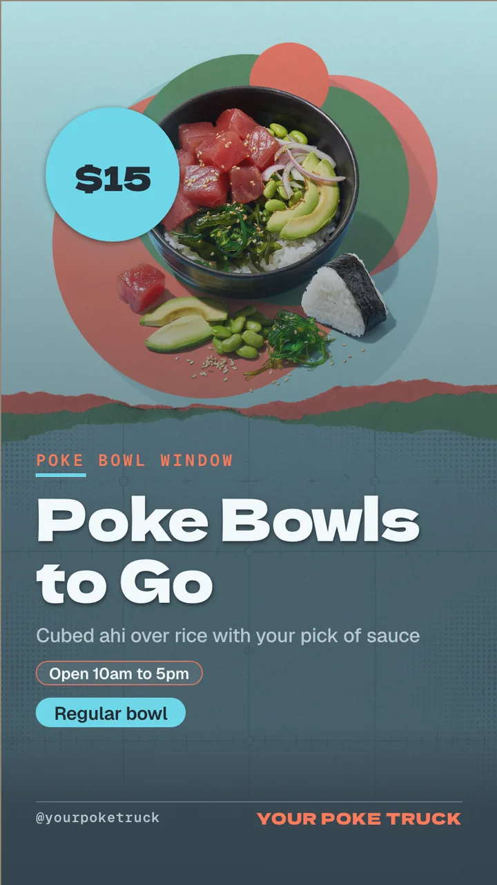 Poke bowl food truck TV menu · Portrait for a poke bowl truck: slide 1 of 4, the headline and what the business offers