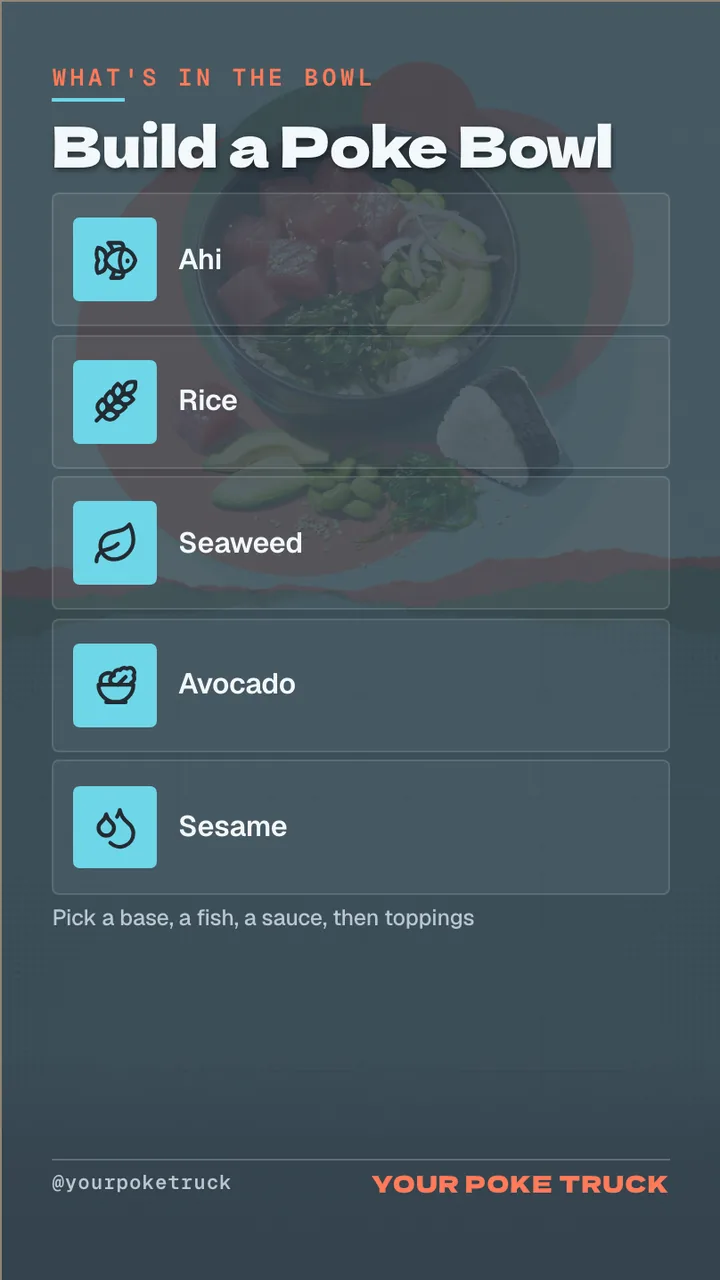 Poke bowl food truck TV menu · Portrait for a poke bowl truck: slide 2 of 4, the list of services and options
