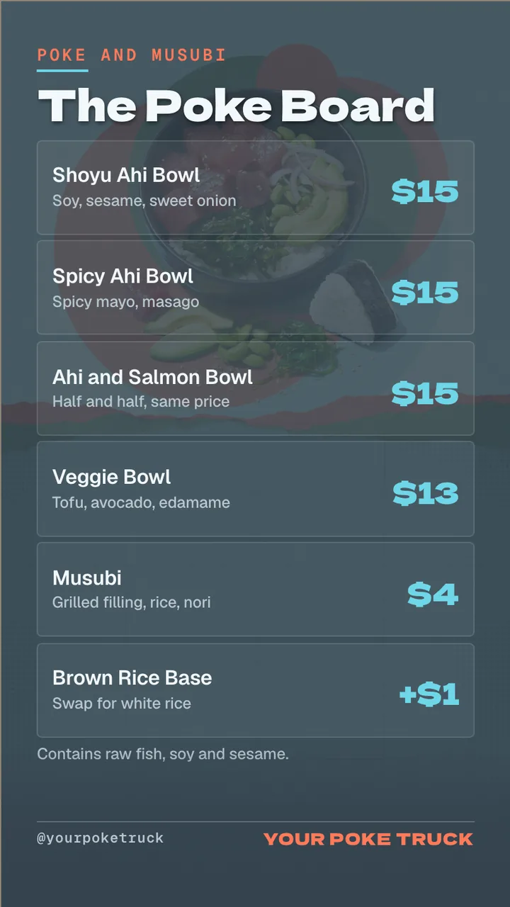 Poke bowl food truck TV menu · Portrait for a poke bowl truck: slide 3 of 4, the menu with prices