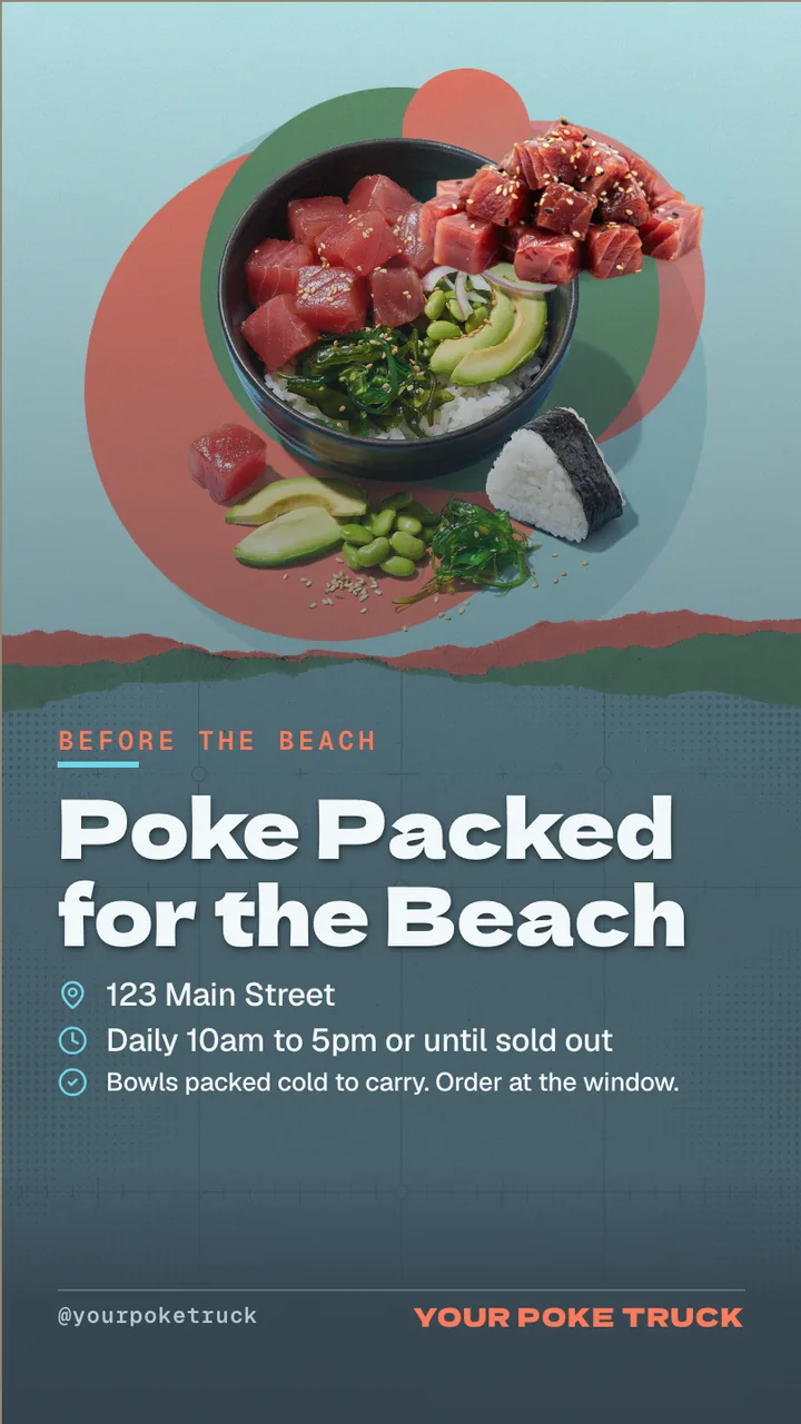 Poke bowl food truck TV menu · Portrait for a poke bowl truck: slide 4 of 4, the address, hours and how to book or order