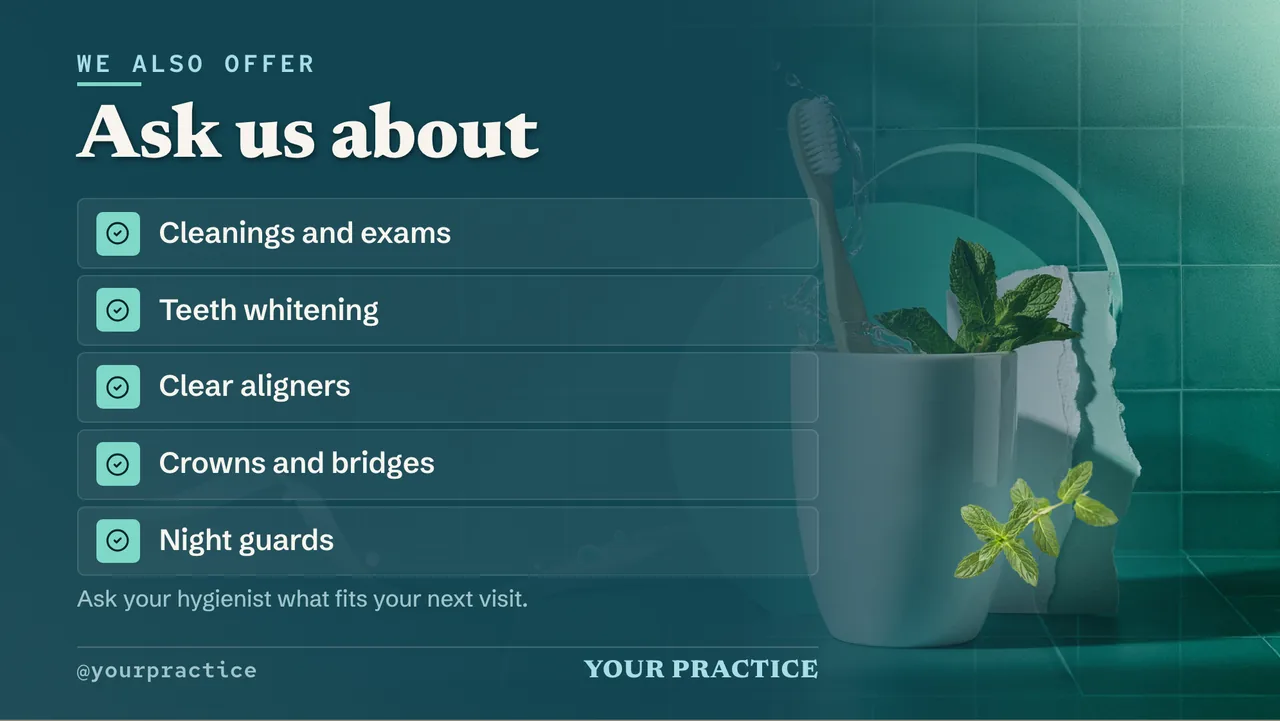 Dental waiting room TV slideshow · Landscape for a dental office: slide 2 of 4, the list of services and options