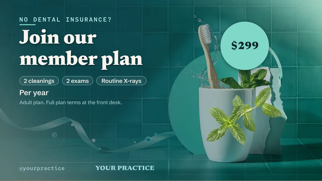 Dental waiting room TV slideshow · Landscape for a dental office: slide 3 of 4, the offer with its price and terms